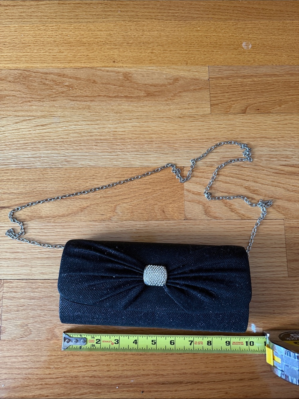 Black Evening Clutch with Rhinestone Accent and Silver Chain